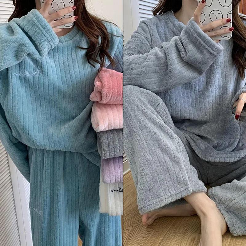 2pcs/Set Women's Pajamas Fall and Winter Coral Velvet Padded Thickened Warm Home Wear Plus Size Student Pajamas Long Pants Long