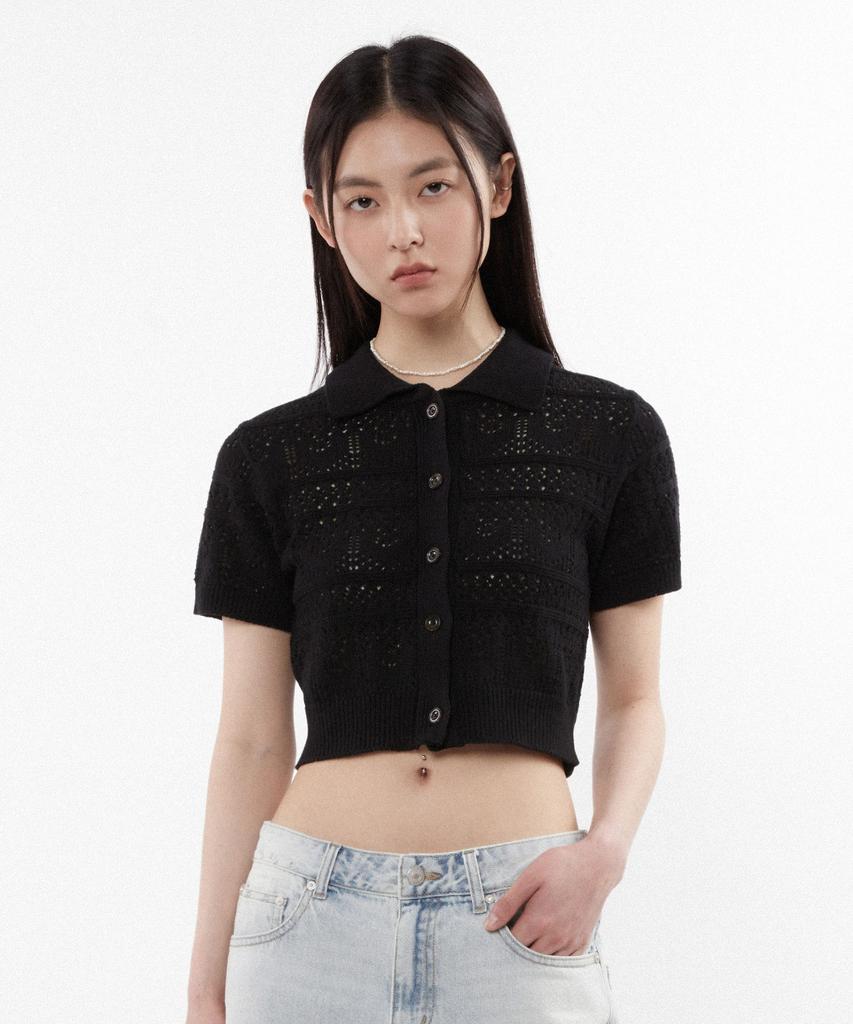 KIIMUIR (Women) Scallop Collar Short Sleeve Cardigan_Black