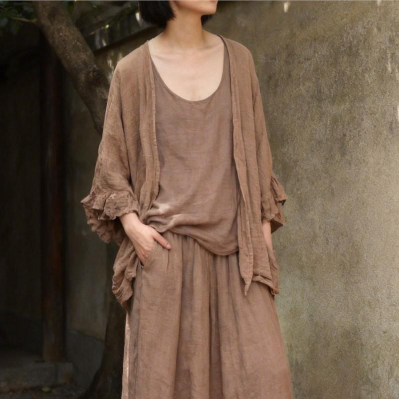 Johnature Women Shirts Summer Chinese Style Solid Color Tops Soft Butterfly Sleeve Female Blouses