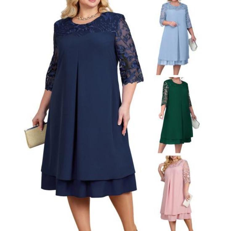 Elegante Abito da Festa da Ballo Taglie Forti Donna Lento Midi Rete Trasparente Patchwork Applicazione Foglia Mezza Manica Girocollo Abito Primavera Autunno