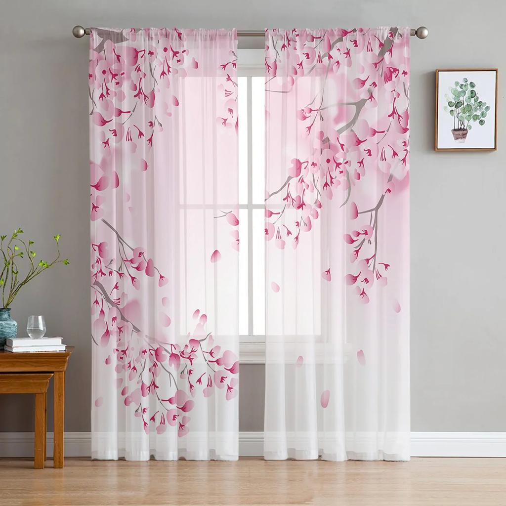 Japanese Style Sakura Cherry Blossom Pink Flower Tulle Curtains Living Room Kitchen Window Decoration Voile Sheer Curtain
