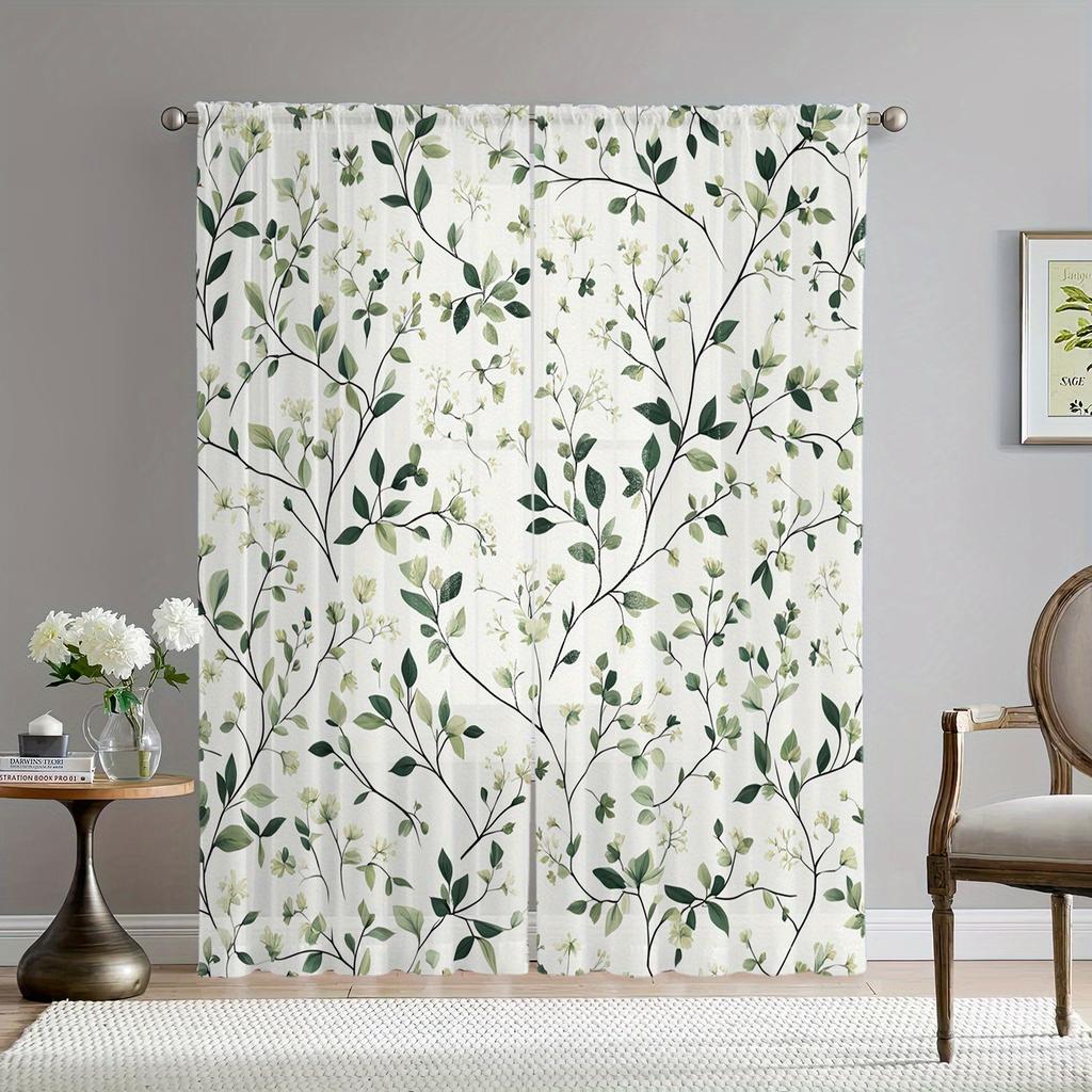 2-Piece Floral Tulle Curtains With Green Leaf Pattern, Polyester, Suitable For Bedroom And Living Room, Machine Washable