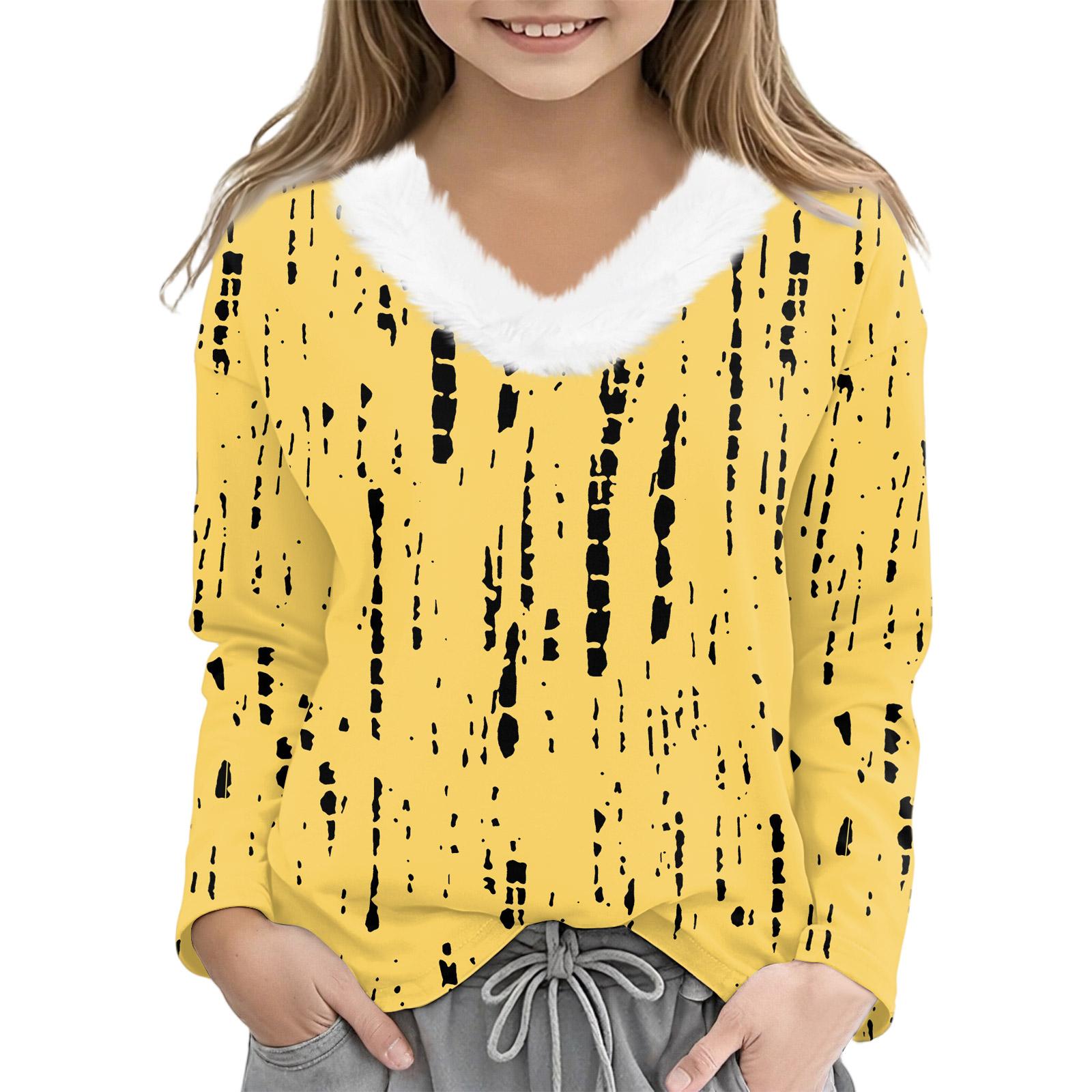 

Рождественские футболки с длинным рукавом для девочек, детская футболка с V-образным вырезом, рождественский принт, топ с длинным рукавом 160 жёлтый