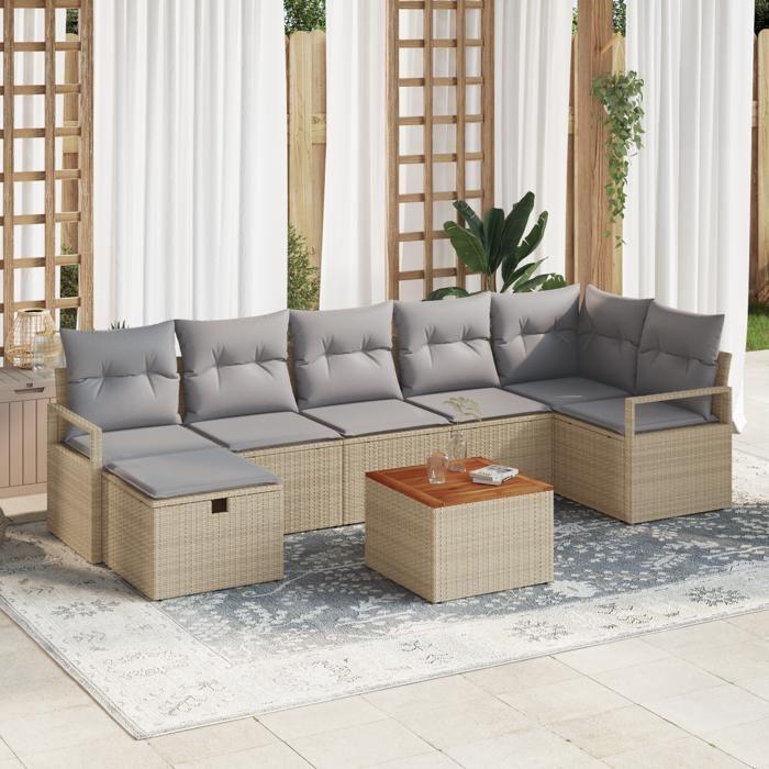 Ensemble de canapé de jardin 8 pièces avec coussins en rattan poly beige, Canapé de jardin 2 places avec coussins en rattan 3359546