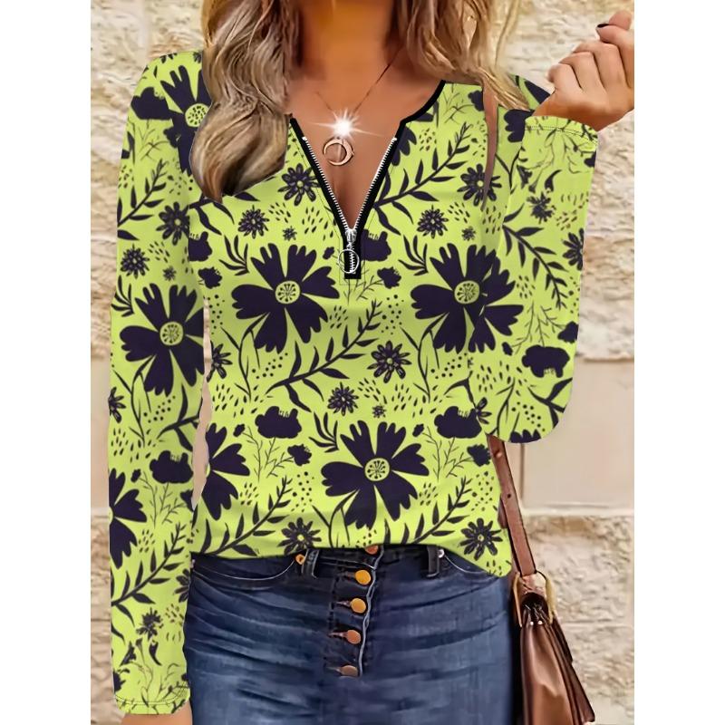 Women's Patchwork Zipper Top - Long-sleeved V-neck, Floral Print Decoration, Slim Design, Fashionable and Personalized