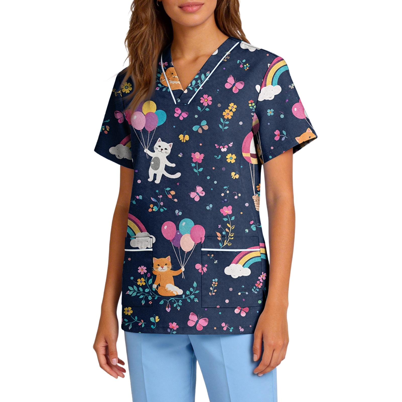 

Women s Stretch Quick-Dry V-Neck Short Sleeve Workwear Top with Animal Print & Pockets L тёмно-синий