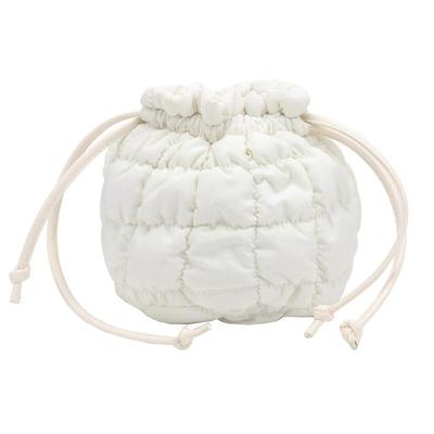 Women's Quilted Puffer Bucket Bag Drawstring Closure Creative Shoulder Crossbody Bag for Daily Commute and Outdoor  White