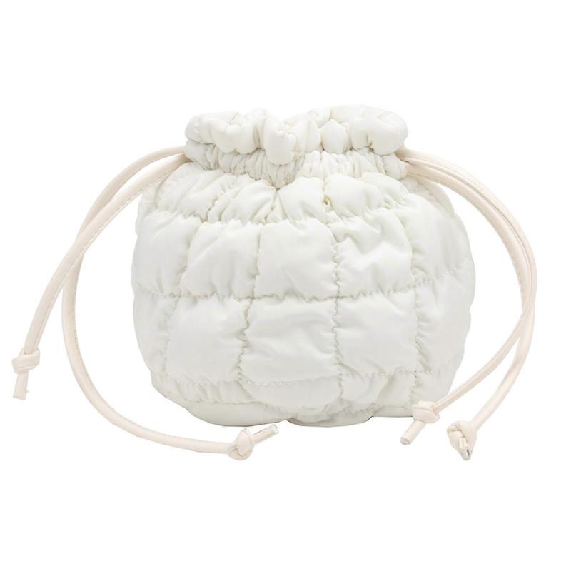 Women's Quilted Puffer Bucket Bag Drawstring Closure Creative Shoulder Crossbody Bag for Daily Commute and Outdoor White