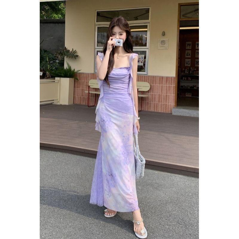 Coffee Break French Feeling Purple Smudge Suspender Dress Women's Summer New Holiday Style Slim and Thin Dress