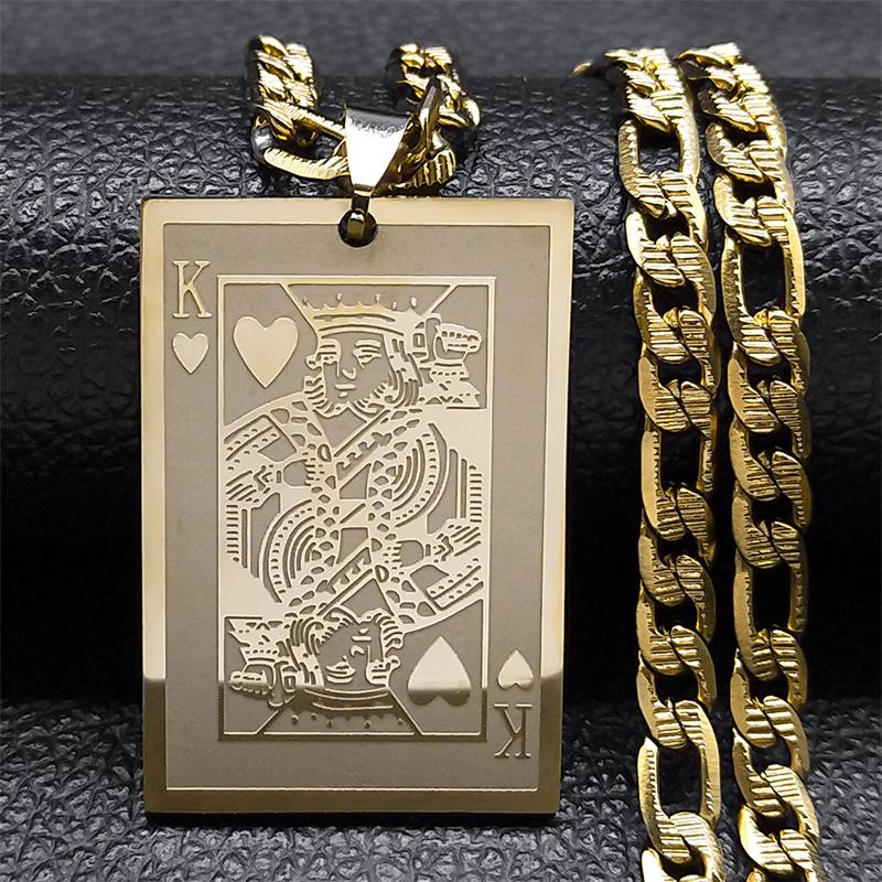 Poker King Spades Hearts K Pendant Necklace for Men Women Stainless Steel Gold Color Hip Hop Punk Necklaces Jewelry N7434S05