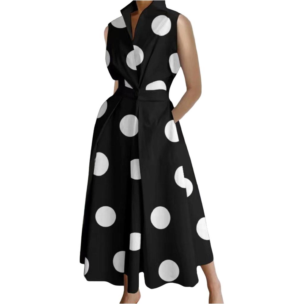 Women’s Sleeveless Maxi Dress with Polka Dot Print Vintage Inspired Elegant Long Dress for Summer Casual and Formal Occasions