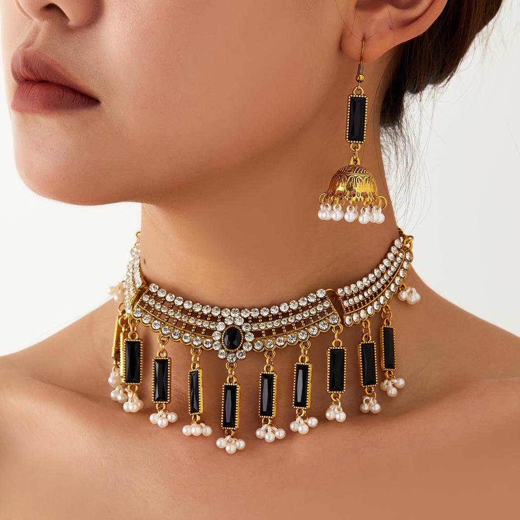 Böhmisches Retro-Halsketten- und Ohrring-Set, Leichter Geometrischer Schmuck für Damen