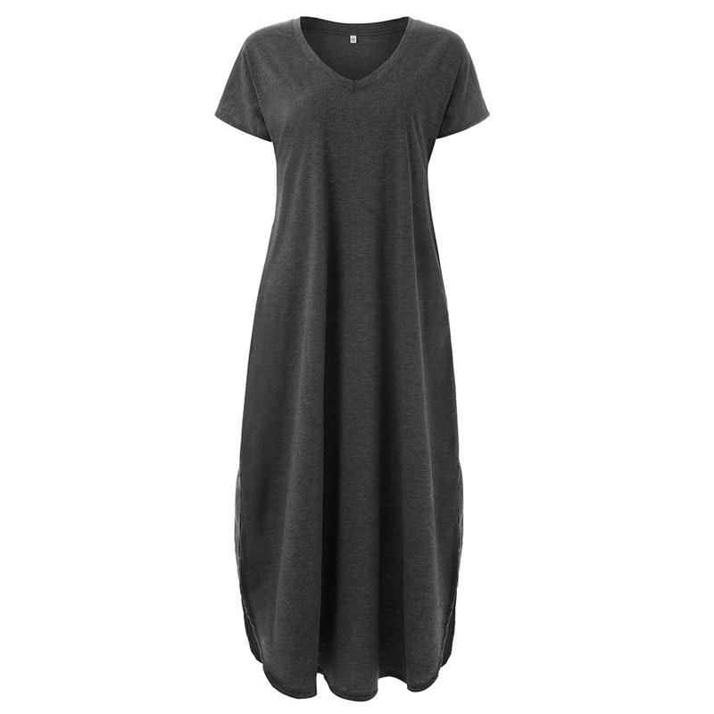Polyester Vneck Pocket Split Long Dress For Casual Summer Wear