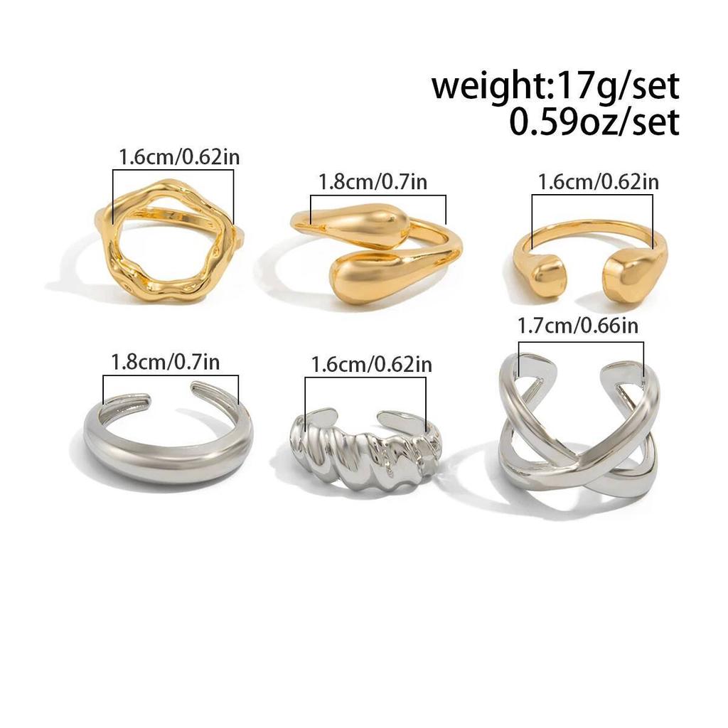 Salircon 6Pcs/Set Punk Creative Irregular Mixed Color Open Rings for Women Trendy Adjustable Drop Rings Jewelry Accessories Gift