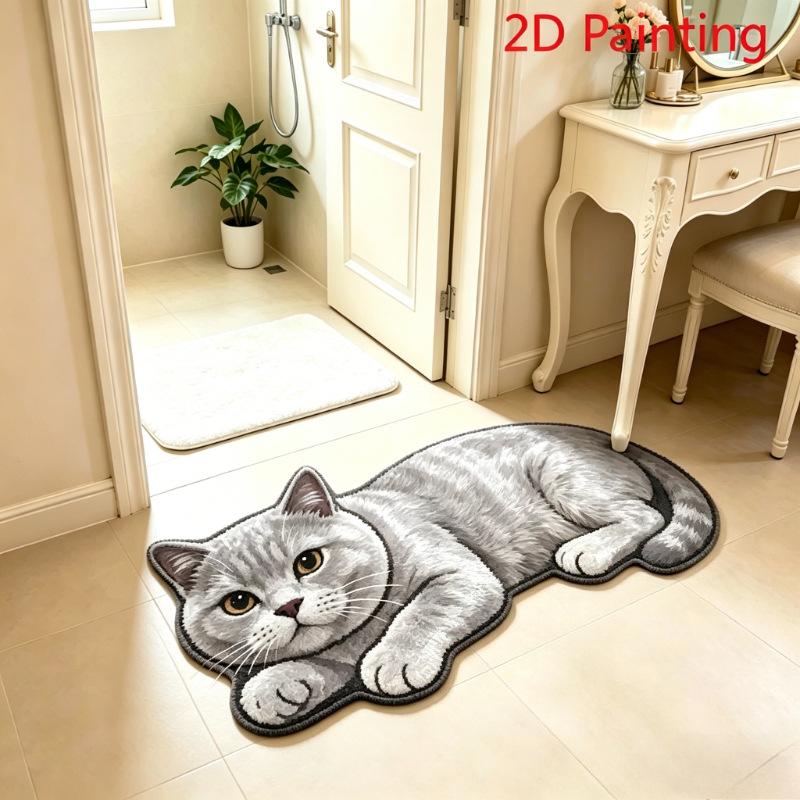Irregular Shaped Realistic Cat Area Rug, Absorbent Non-Slip Plush Floor Mat, Cute Cartoon Cat Decor Carpet for Bathroom Entryway, Multi Styles