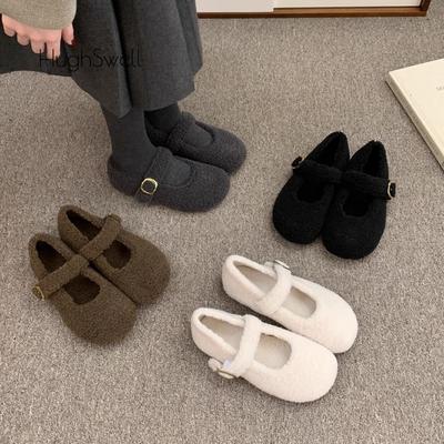 Modne Eleganckie Baleriny z Wełny Jagnięcej z Okrągłym Noskiem Kobieta Zima Ciepłe Pluszowe Mokasyny Damskie Markowy Design Teddy Futro Buty Mary Jane w Kolorze Szarym