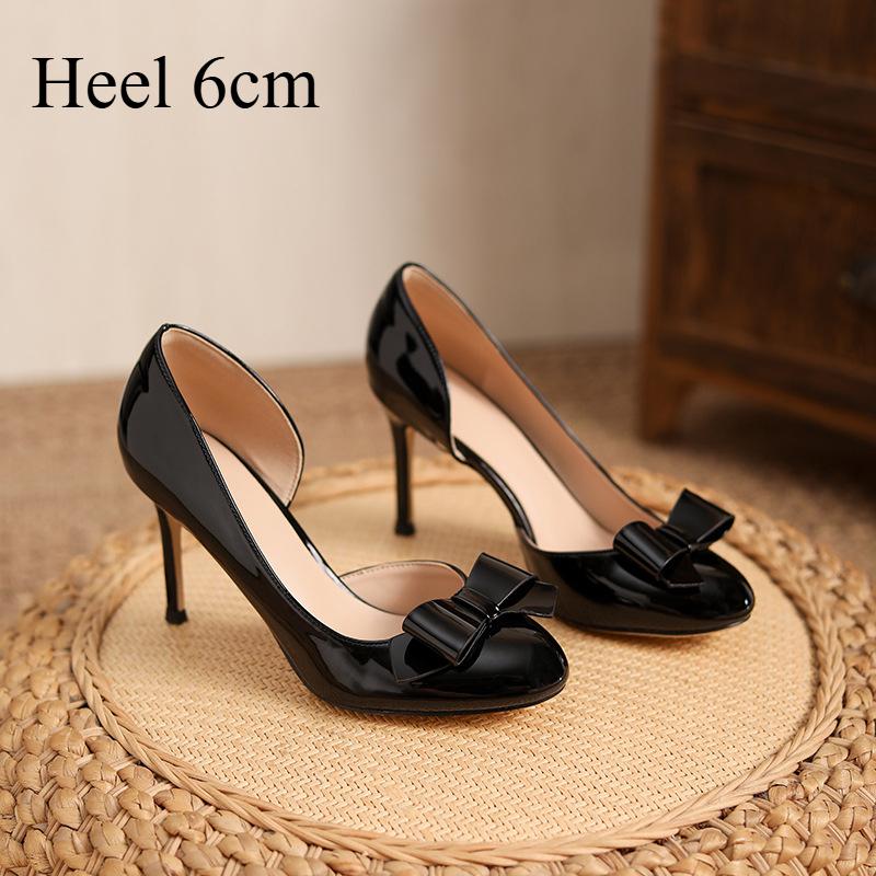 Women's Nude Side-opening High Heels with Stilettos, Beautiful and Elegant Patent Leather Bow Round-toed Single Shoes