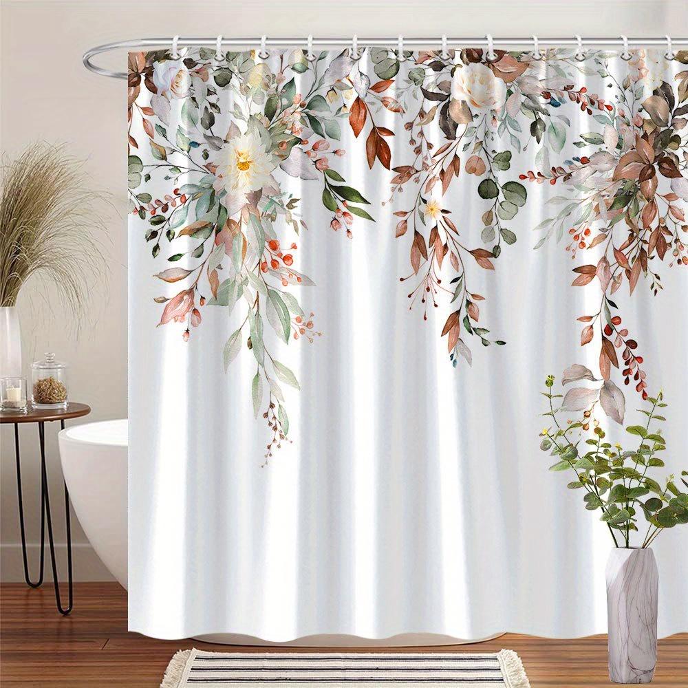 1 Elegant floral watercolor shower curtain-white and pink roses with green leaves and red berries, machine washable for bathroom