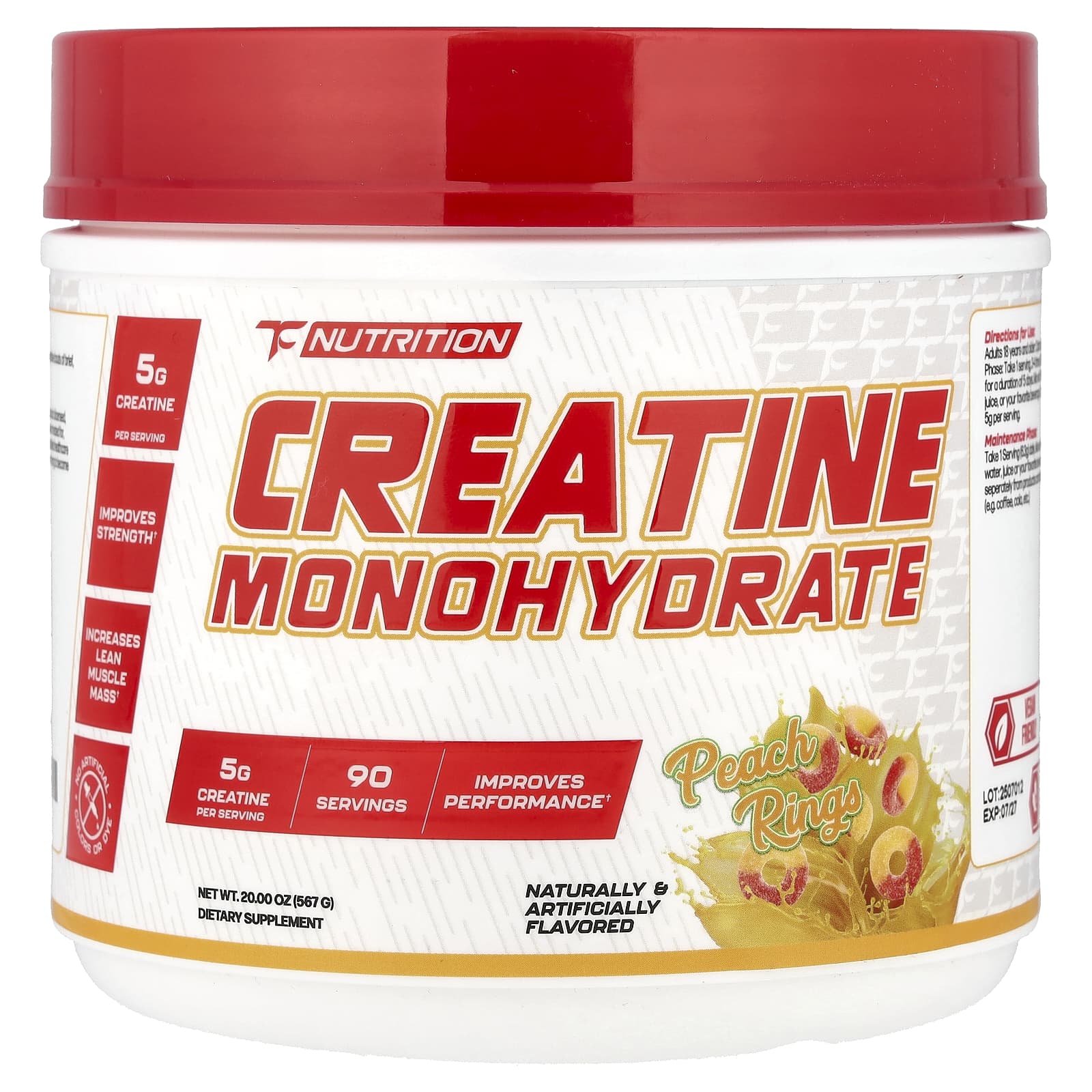 

TC Nutrition, Creatine Monohydrate, Peach Rings, 90 Servings, 567 g (20 oz)