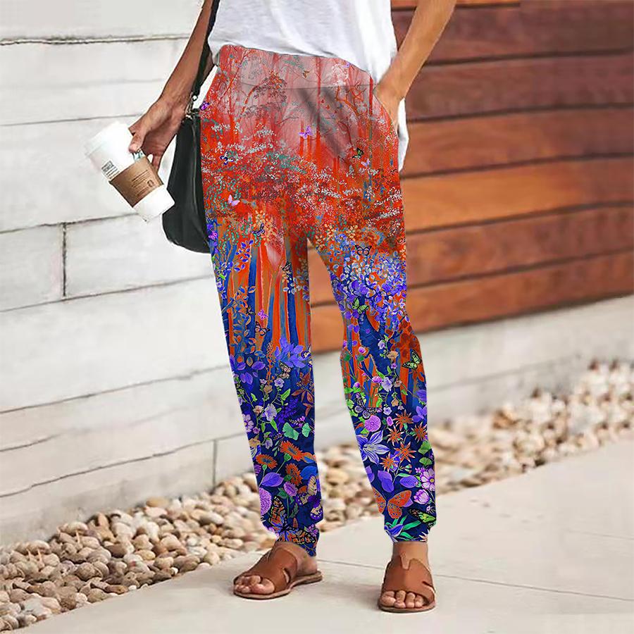 Women Forest Printing Pants Lace Up Elastic Waist Loose Trousers Casual Long Pants Trousers with Pockets