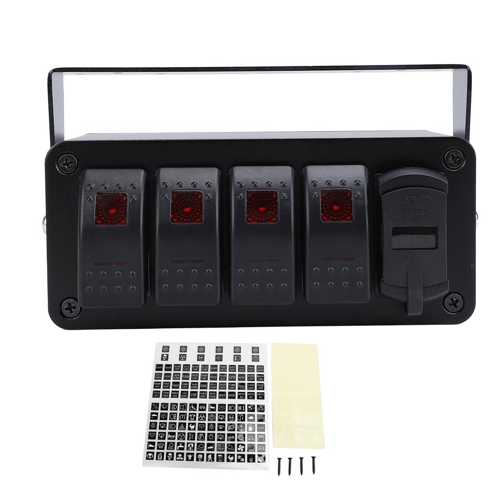 4 Gang Rocker Switch Panel with PD Type C QC3.0 USB Charger Waterproof Universal Fit for Car Truck Boat RV UTV ATV Red