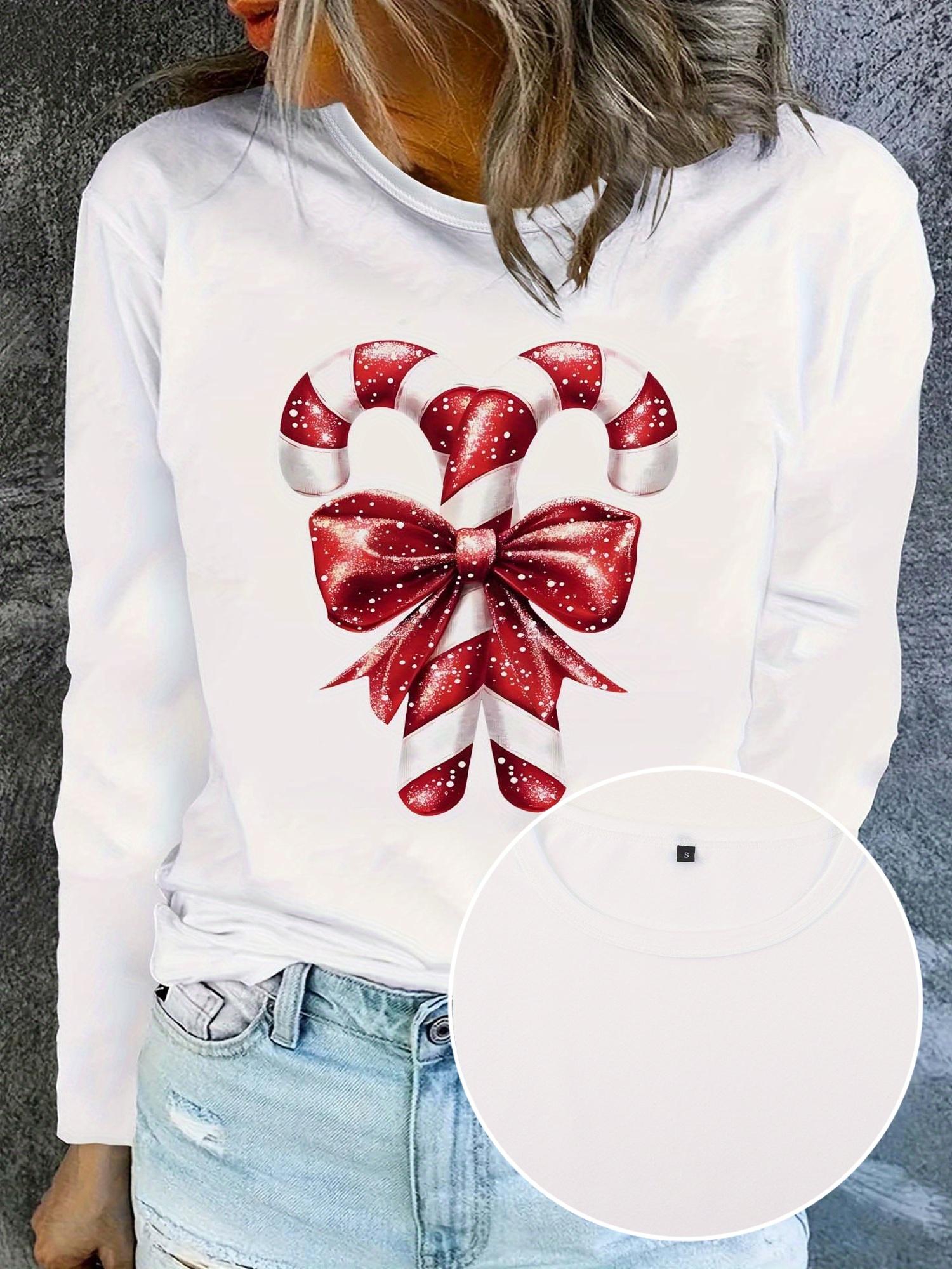 Candy Cane Bow Christmas Long Sleeve T-shirt L