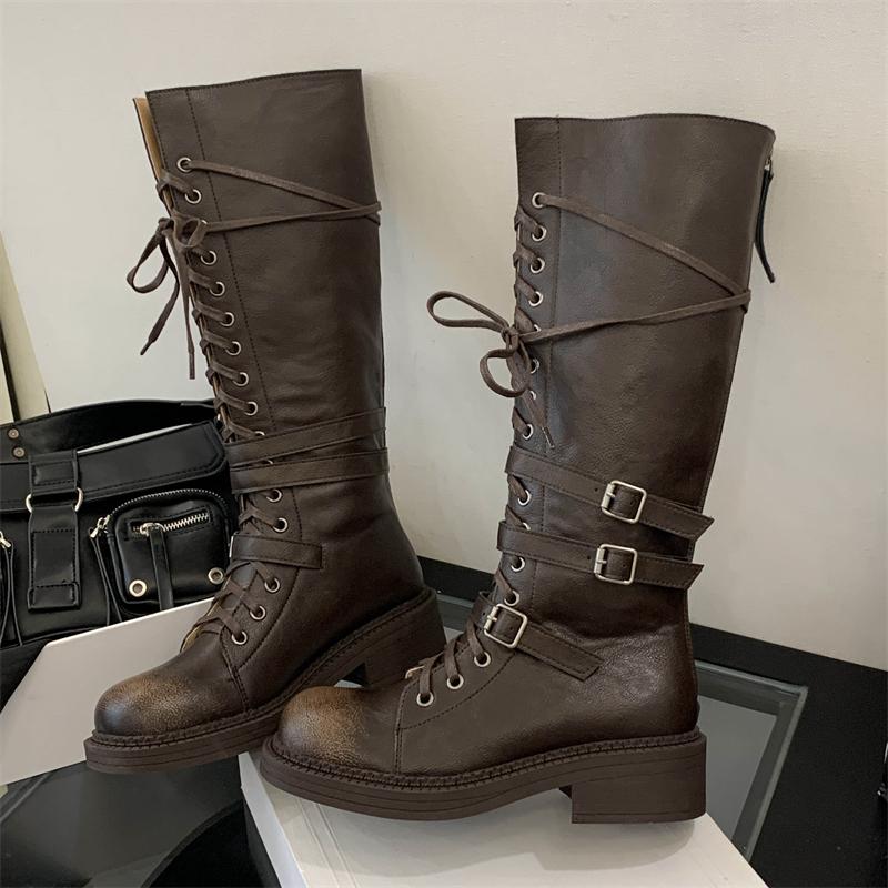 Eilyken Fashion Punk Style Cross-Strap Round Toe Knee High Boots Women Belt Buckle Zipper Square Heels Designer Shoes