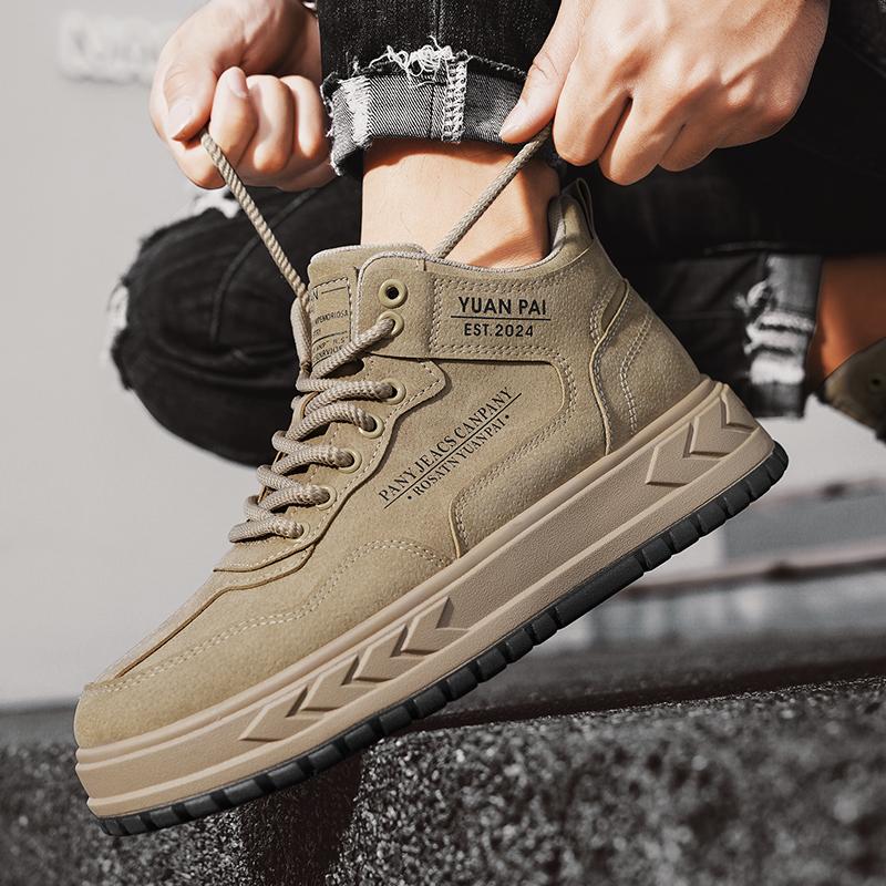 Outdoor Platform Men's Casual Shoes Fashion Leather High Top Board Shoes Comfortable Walking Sneakers Breathable Man Ankle Boots