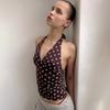 Women's Polka Dot Halter Crop Top V-Neck Ruched Sleeveless Blouse