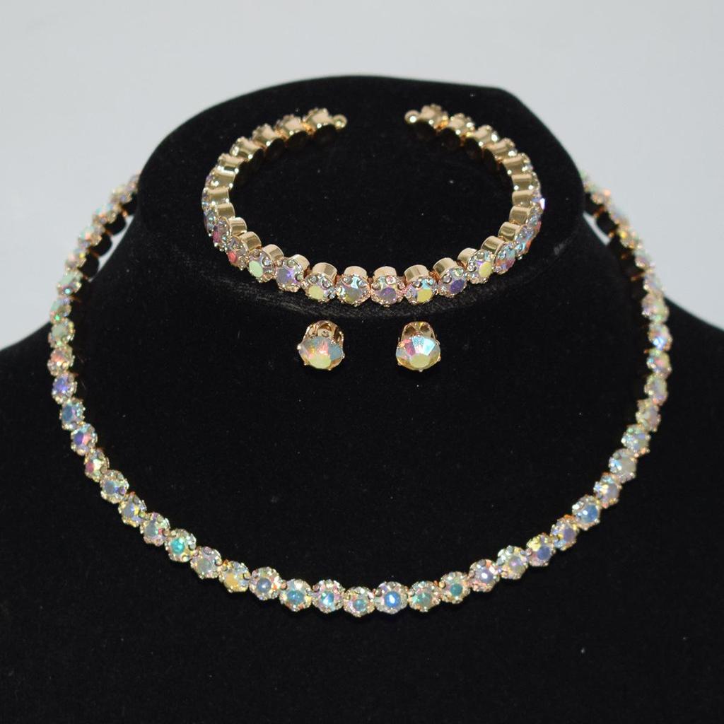 Gold & Silver Rhinestone Jewelry Set: Choker, Bracelet, Stud Earrings, & Necklace