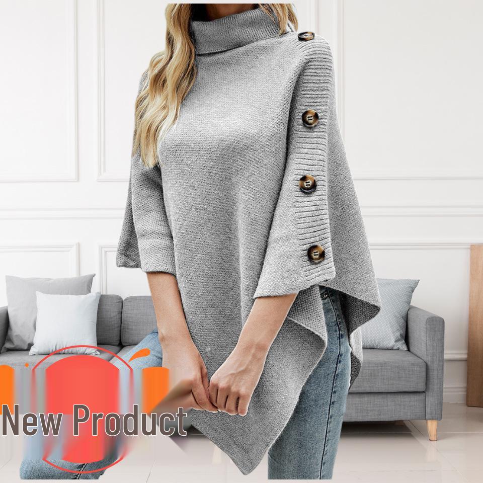 Evropský a americký pletený kardigan s vysokým límcem, jednobarevný šál, pončo s rozparky pro ženy