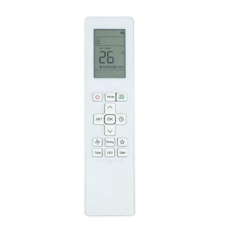White RG15B Air Conditioner Remote for Compatible Export Models with LCD Setting View, English Controls, and Operation After Battery Installation