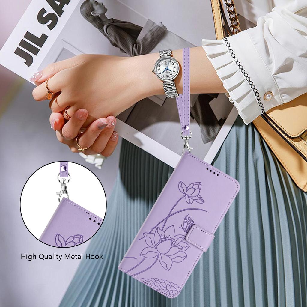 For iPhone 17 Case Wallet Stand Lotus Imprint Leather Phone Cover with Wrist Strap