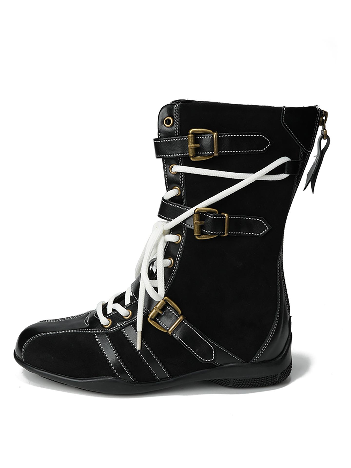 

Niche design boxing boots women s retro style heightening Martin boots lace-up short boots mid-tube western boots German training boots 35 чёрный