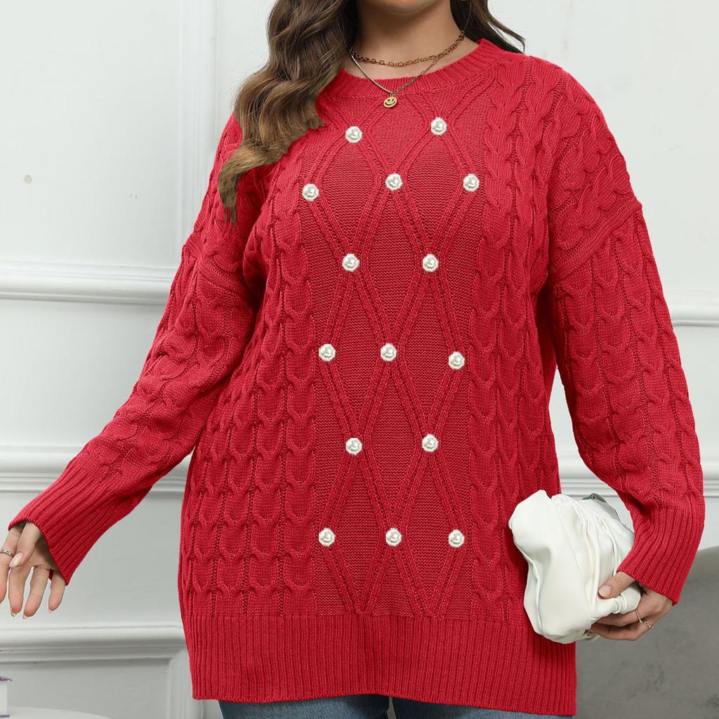 Women's Plus-Size Sweater Beaded Crew Neck Loose Oversized Sweater Knit Pullover Top Autumn/Winter