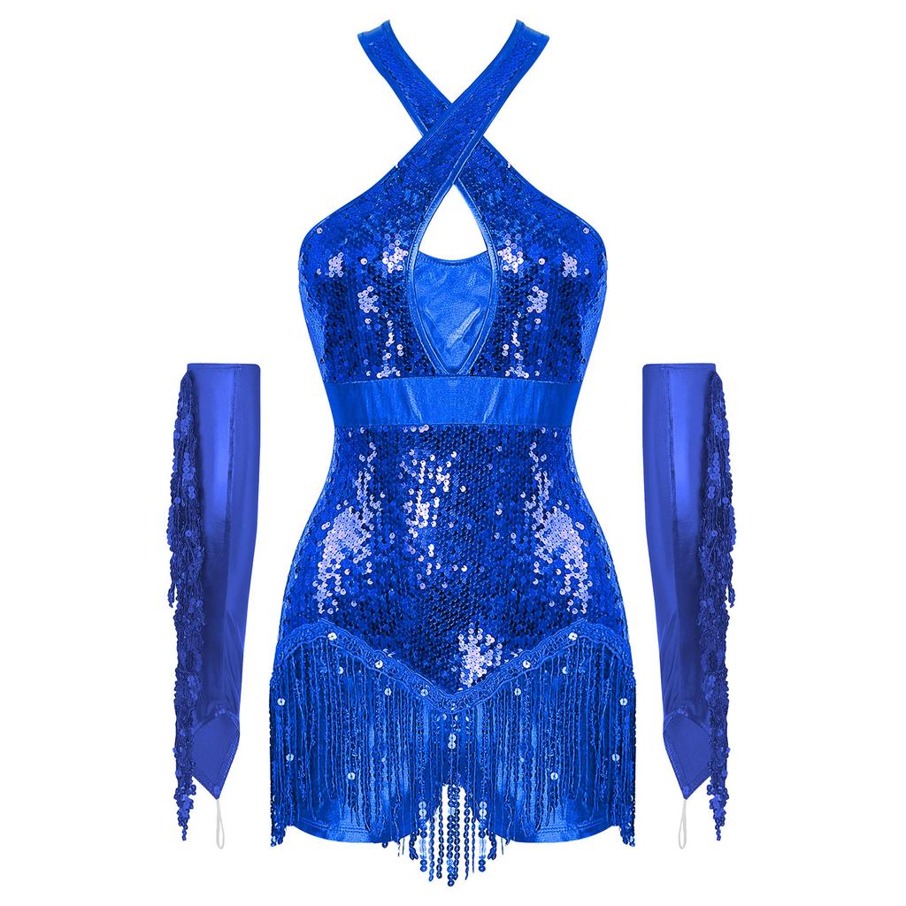 Dámský třpytivý kostým na tanec cha-cha s křížením vpředu, flitrovaným leotardem s třásněmi a metalickými rukavicemi, vystoupení