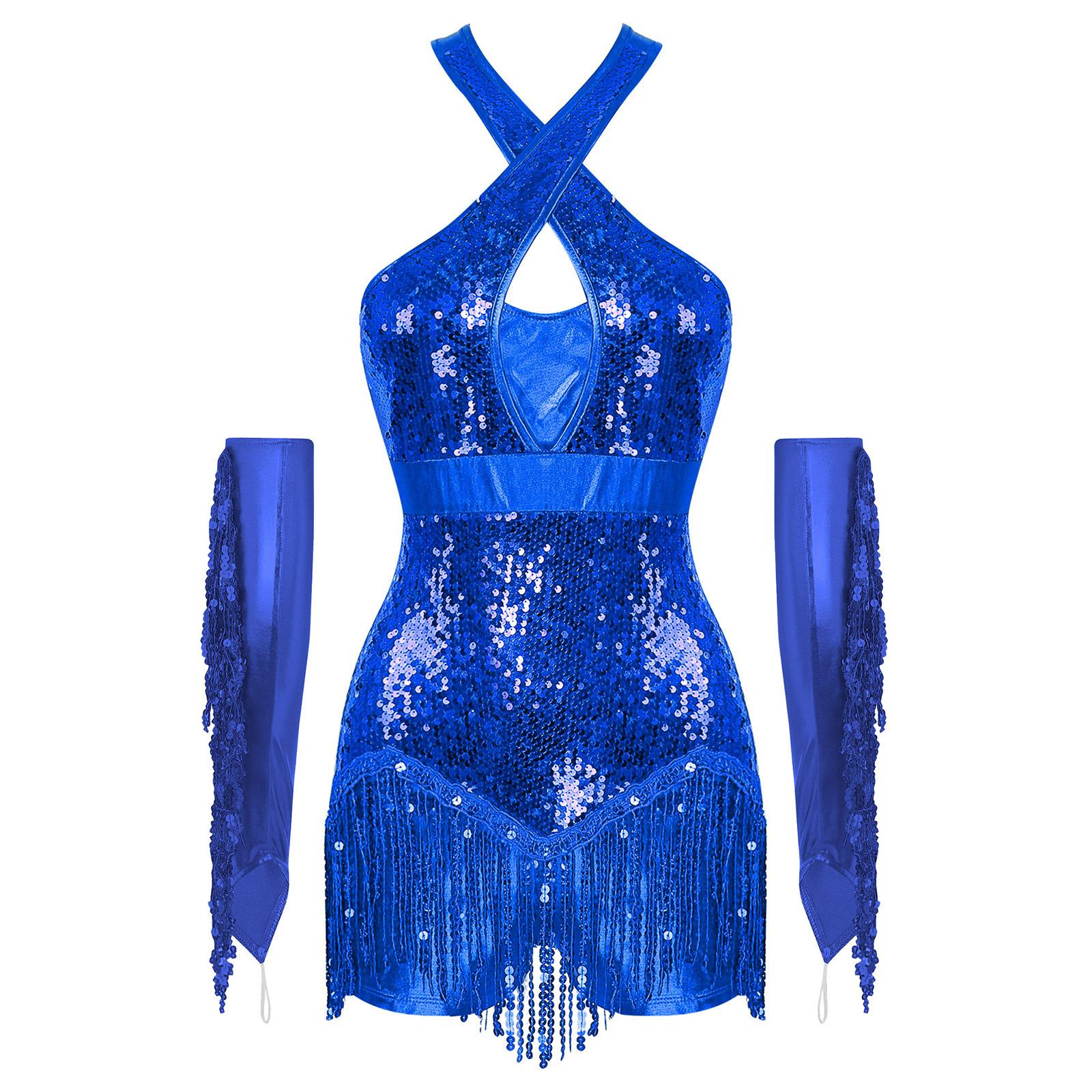 

Womens Glittery Cha Cha Dance Costume Cross Front Sequins Tassel Leotard with Metallic Gloves Performance Wear S королівський синій колір