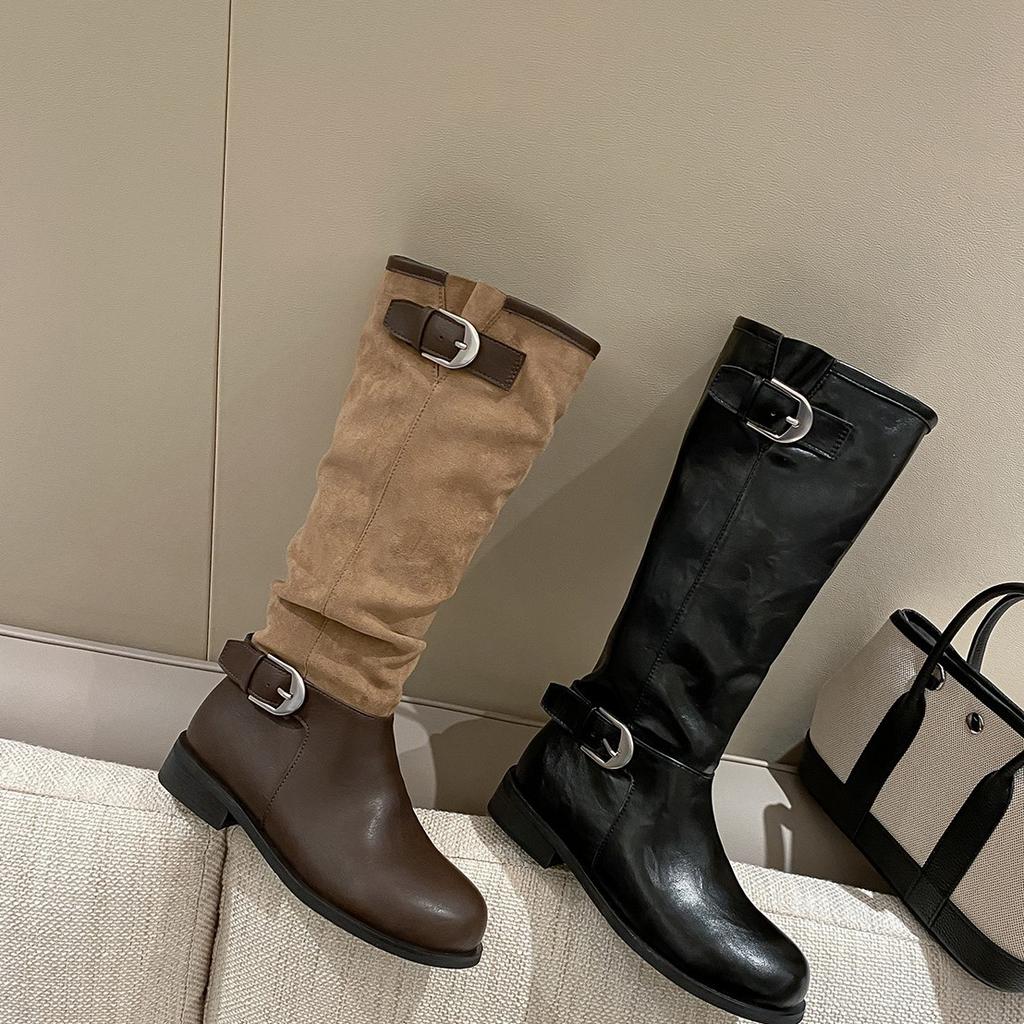 Ma Sichun same thick heel suede splicing knight boots women's boots 2025 autumn and winter belt buckle thin boots