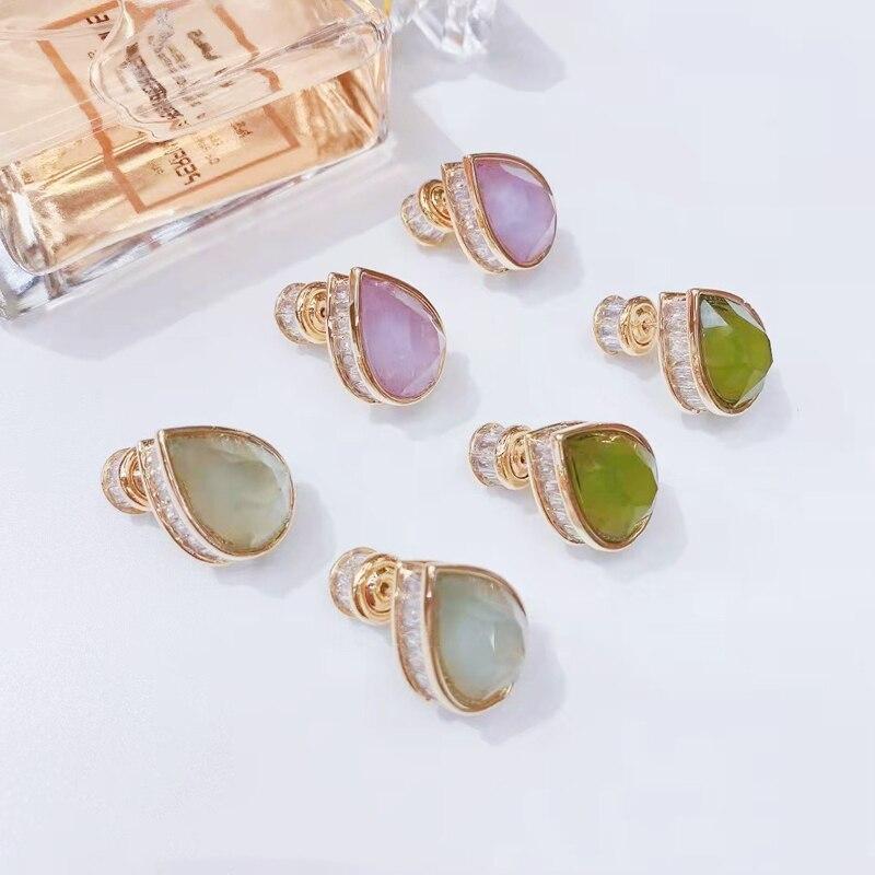 Classic Water Droplets Jade Style Earrings Luxury Light Purple Blue Olive Green Diamond S925 Silver Stud Earrings For Women