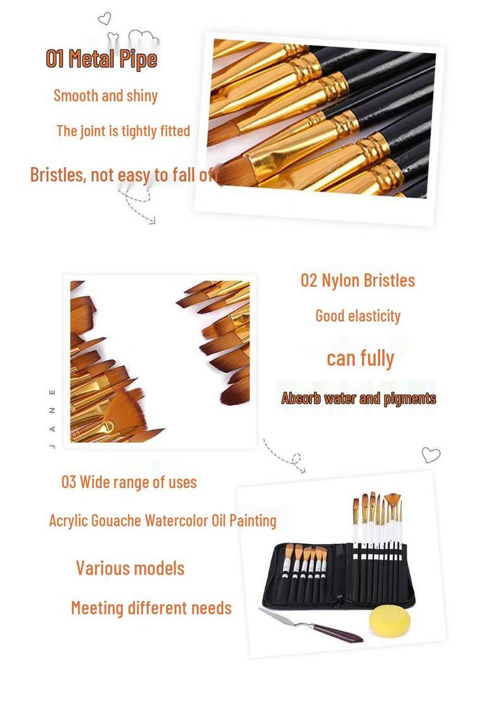 15-Piece Oil Painting Nylon Brush Set with Canvas Bag for Gouache & Watercolor