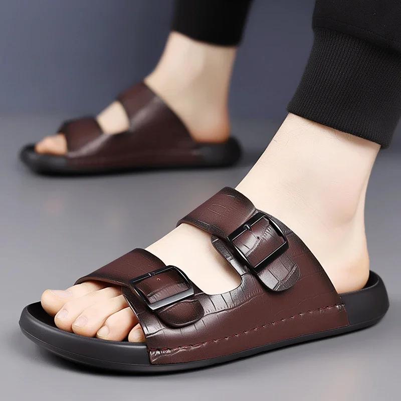 Fashion Summer Brand Sandals Open-toe Mens Leather Double Button Slippers Classic Half Shoes Outdoor Beach Rubber Flip Flops Trekking