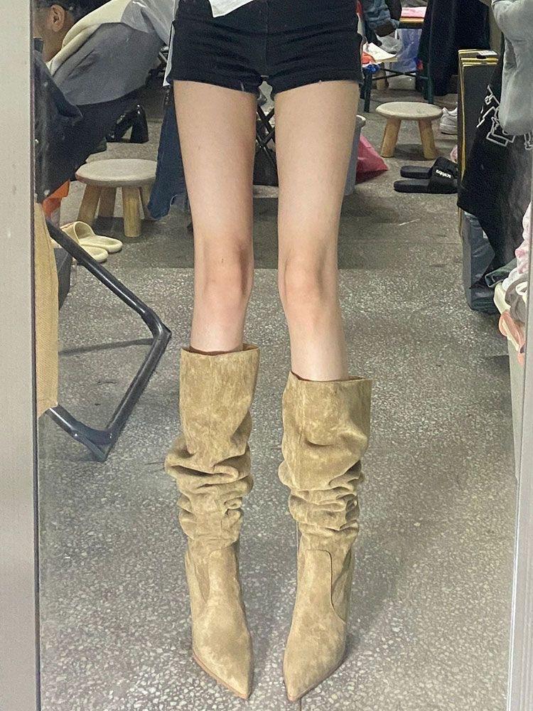 

2025 осень и зима новые французские черные ботфорты женские с острым носком темперамент тонкий каблук нишевый дизайн ботфорты-чулки 35 абрикосовый