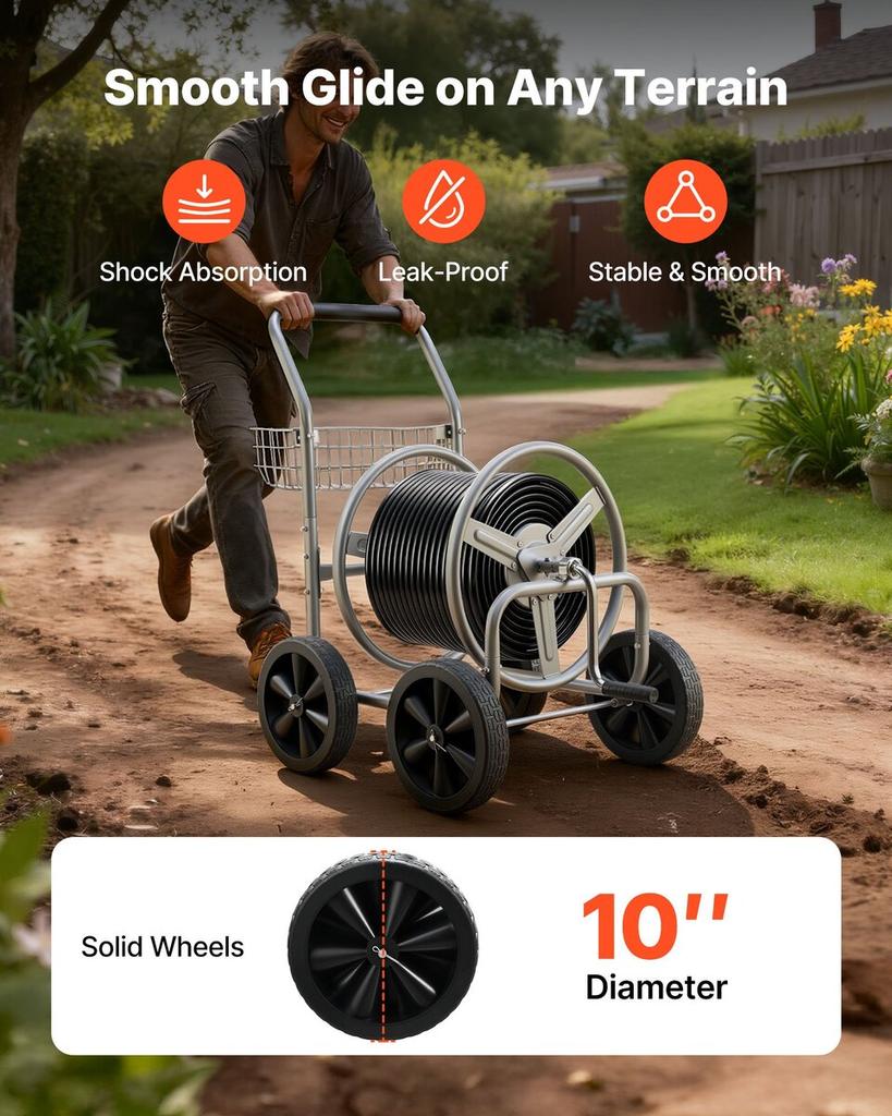 Hose Reel Cart, Hold Up to 300 ft of 5/8’’ Hose, Garden Water Hose Carts Mobile Tools with 4 Wheels, Heavy Duty Powder-coated Steel Outdoor Planting