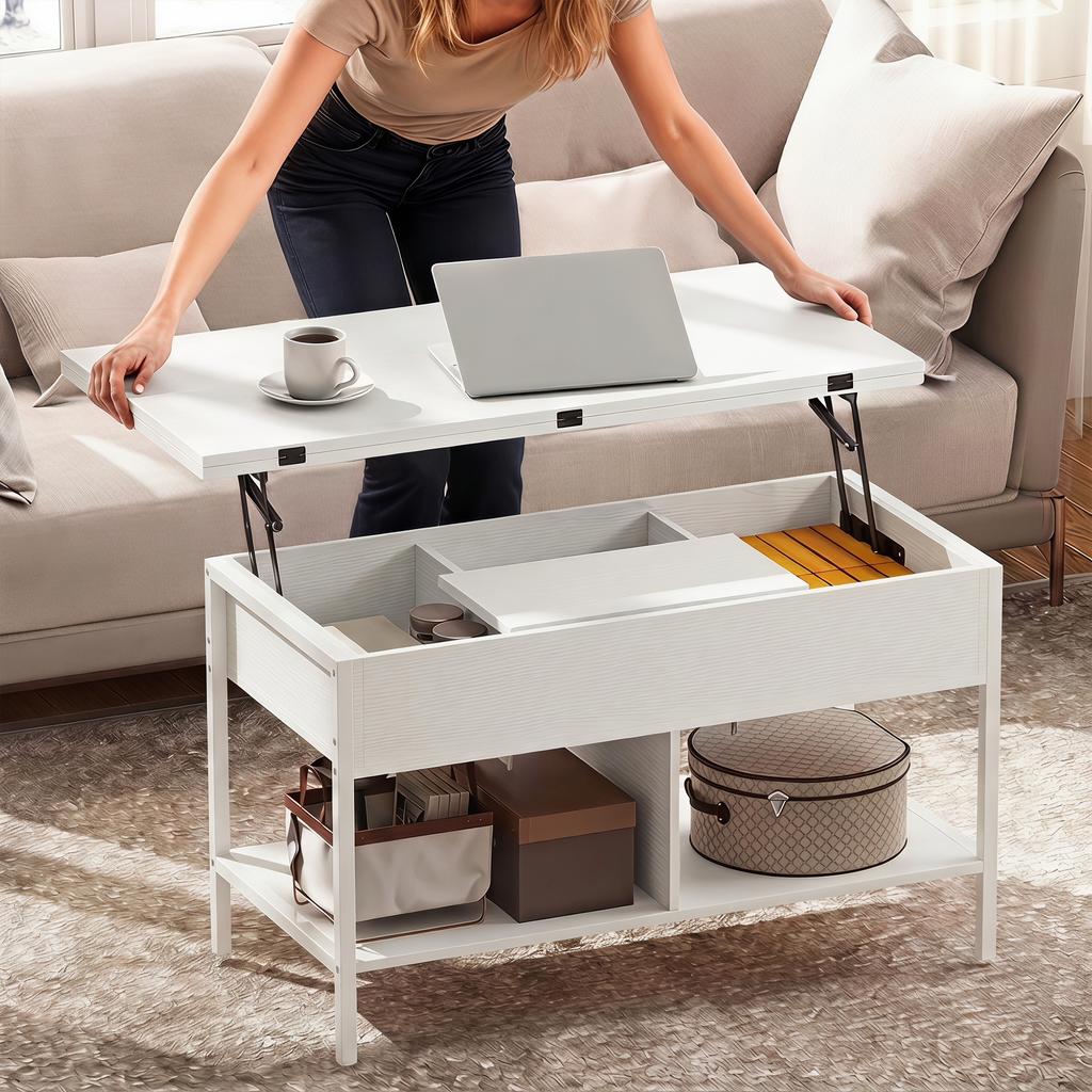Lift Top And Extendable Coffee Table Living Room Table With Hidden Compartment Open Shelves 98x49x55cm White