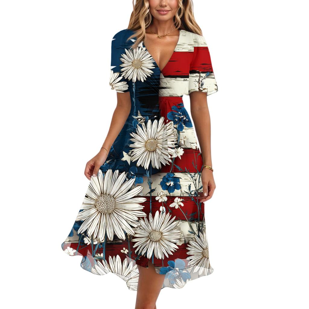 Women's Fashionable Casual V-neck Short-sleeved Independence Day Printed Dress