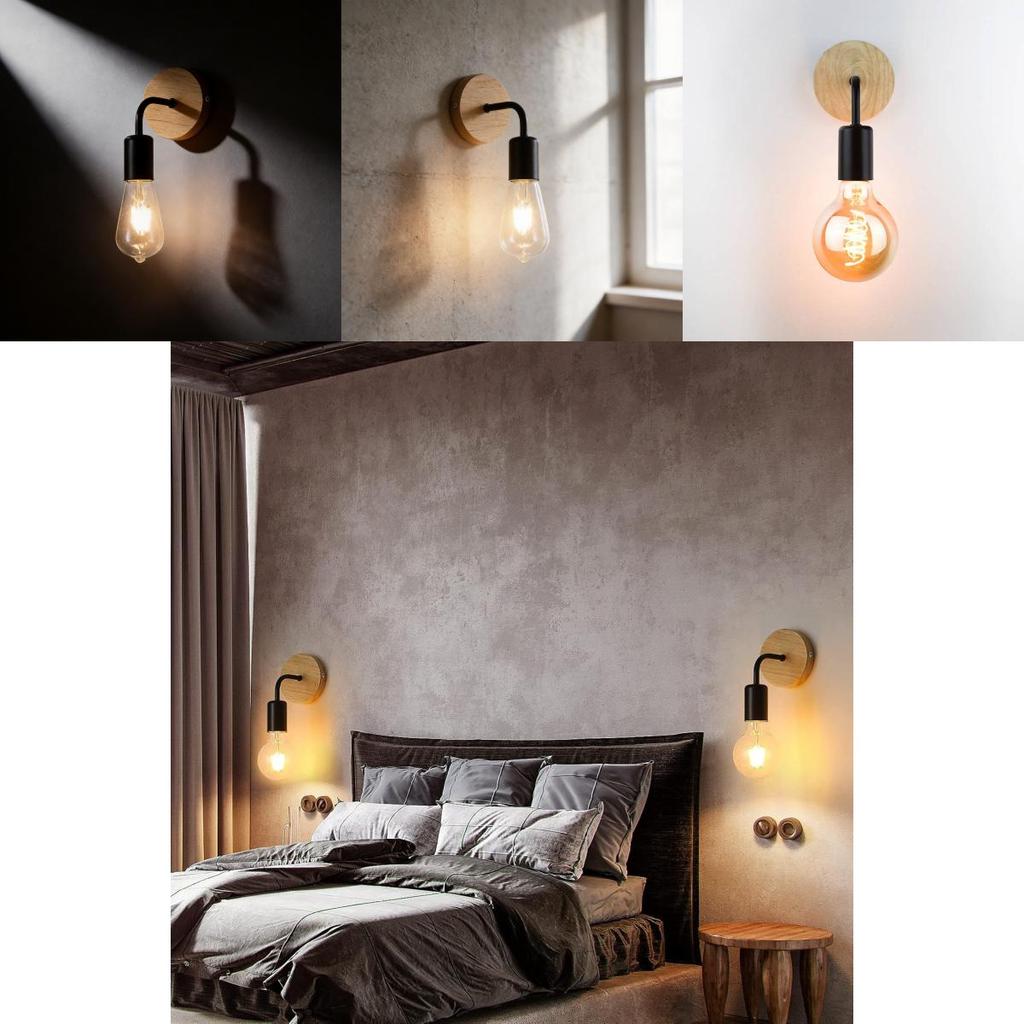 Modern Minimalist Iron Wall Lamp With Wooden Base For Bedroom Living Room Decor