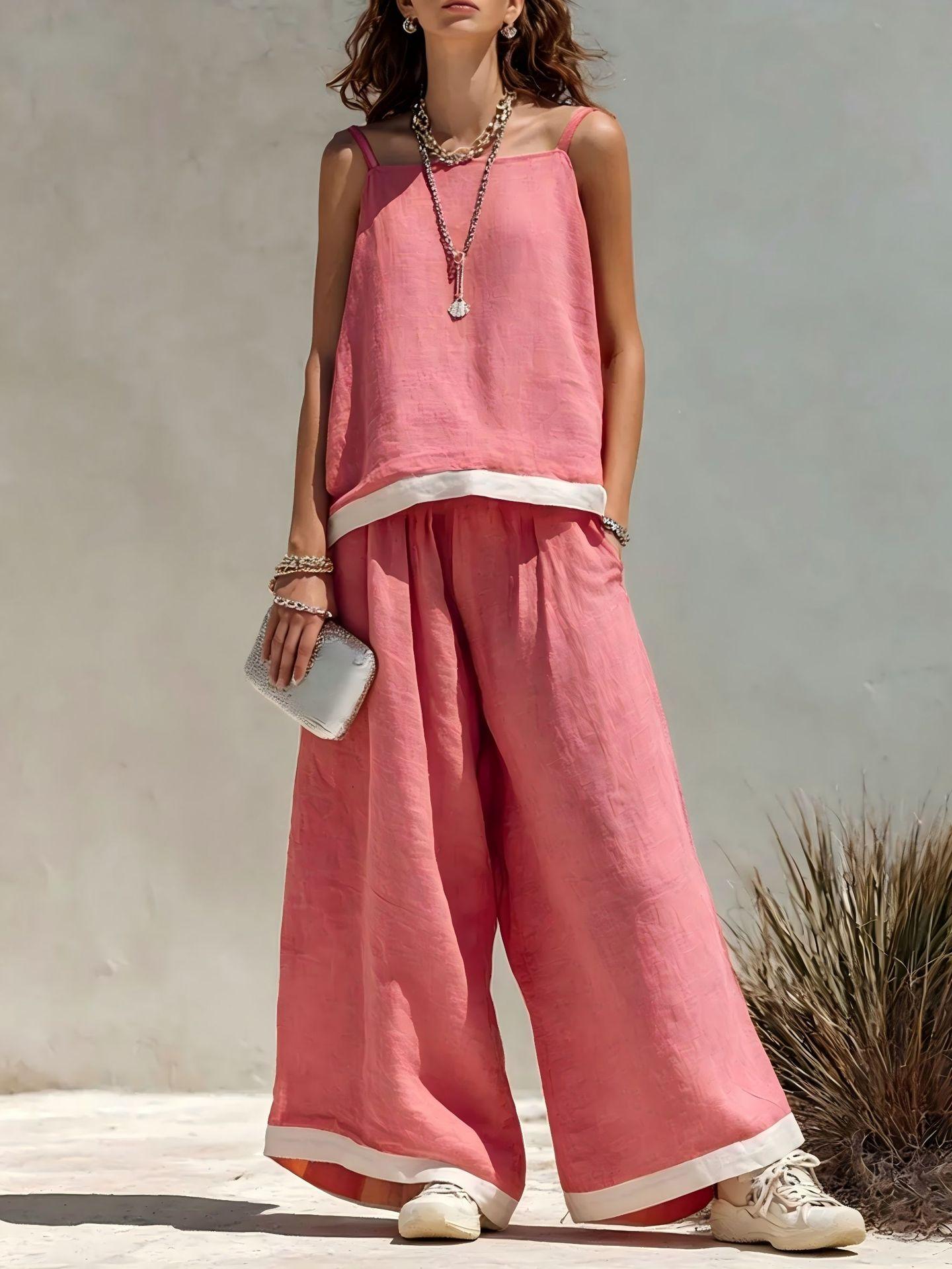 2026 spring and summer new product cotton and linen fashion casual loose sleeveless suspender top loose trousers women s suit S