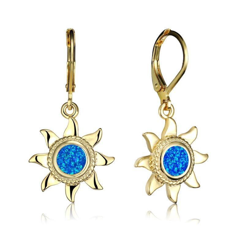 Gold Platinum Vintage Round Blue Opal Sun Women s Personality Versatile Earrings