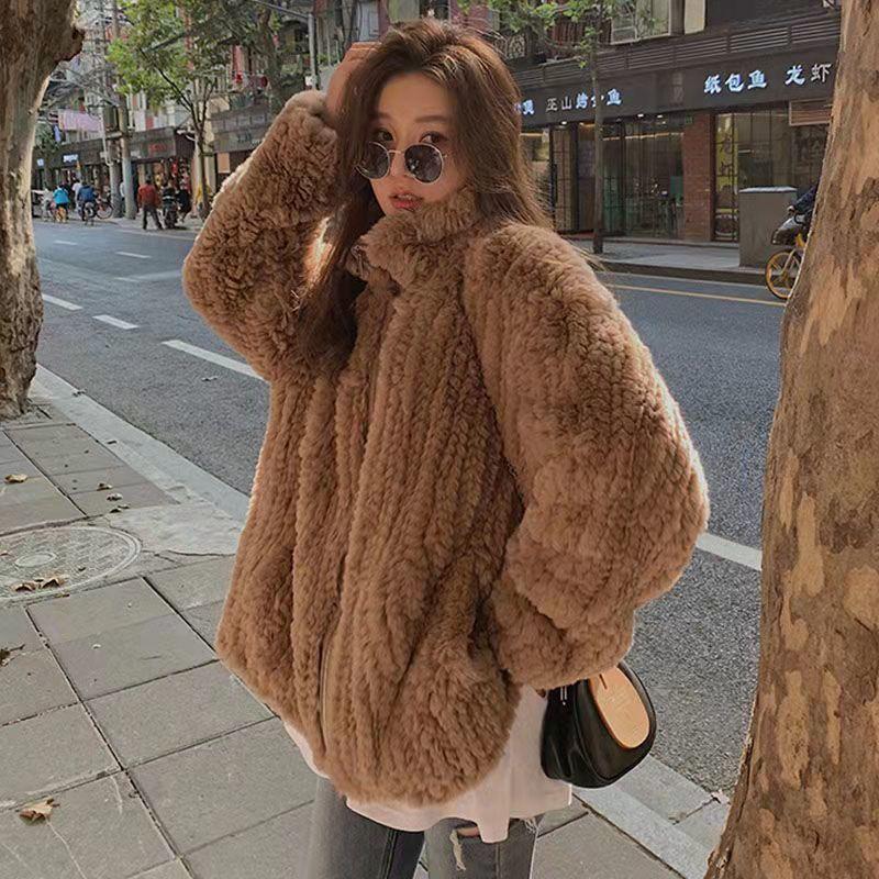 New imitation Rex rabbit fur coat women's winter short lamb plush loose stand-up collar fur coat