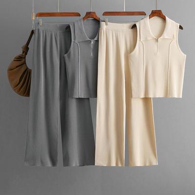 Zipper Knitted Collar Small Tank Top Fashion Set High Waist Casual Pants Two Piece Set